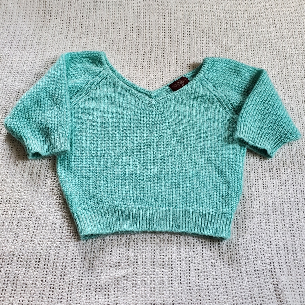 VTG Checkmate Women's Medium Knit Sweater Cropped Aqua V-Neck 3/4 Sleeves